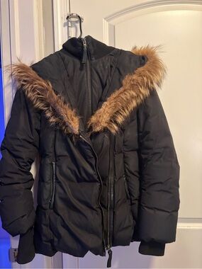 Moncler Black Puffer Jacket with Tan Faux-Fur Trim